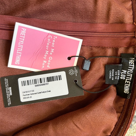 FREE w/ PURCHASE NWT PrettyLittleThing Brown Printed Halterneck Corset Dress - Picture 7 of 8